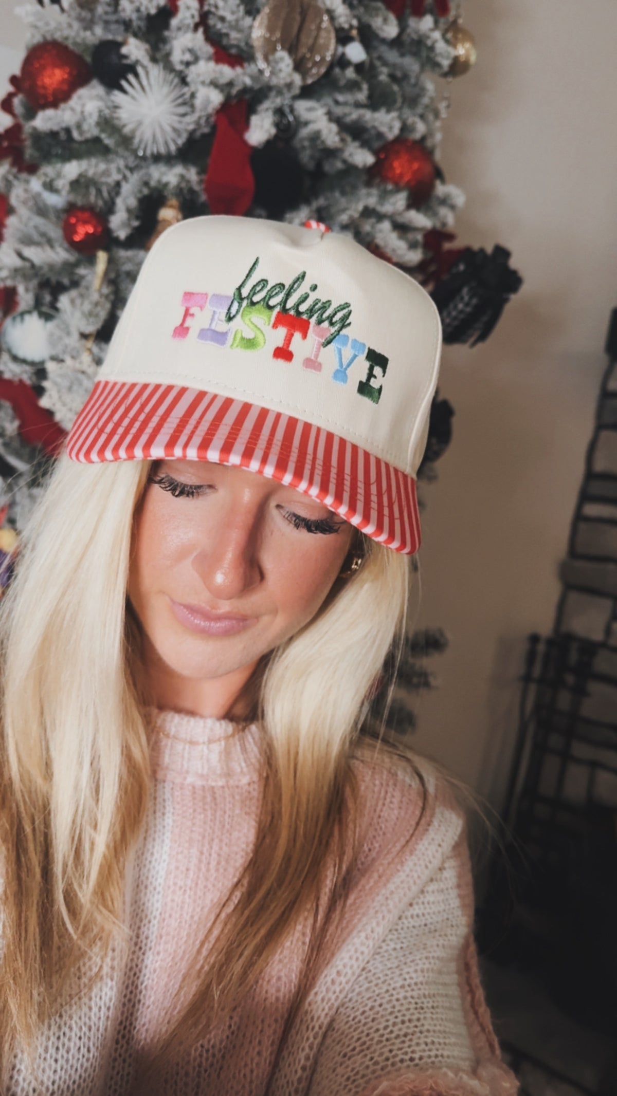 Feeling Festive Pink Striped Hat Christmas Hat