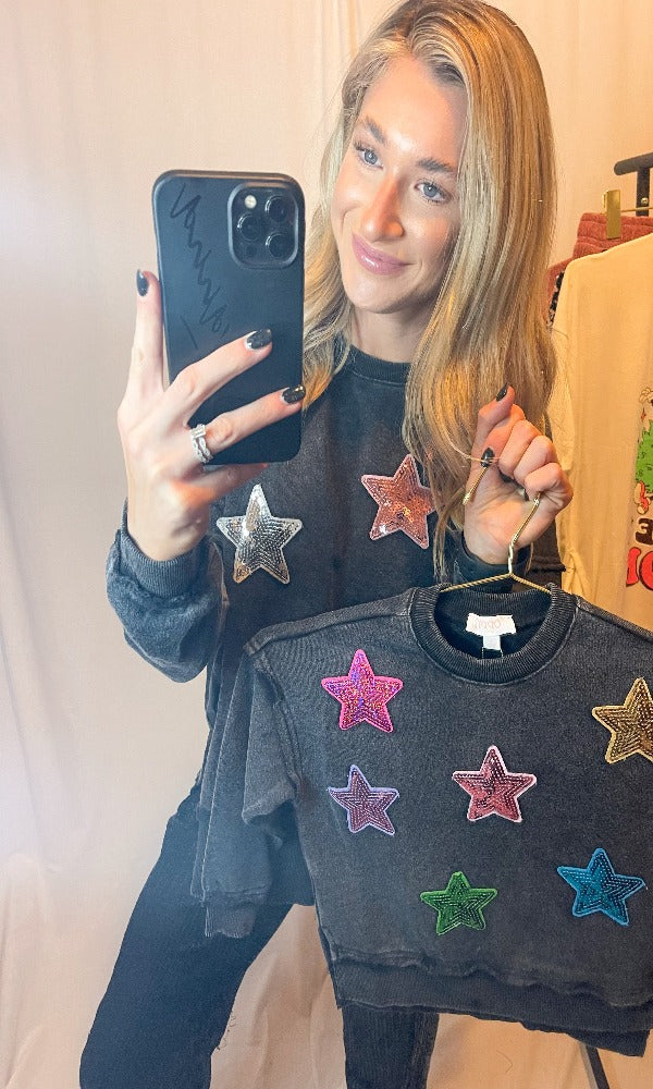 Mommy Washed Black Oversized Star Sweatshirt